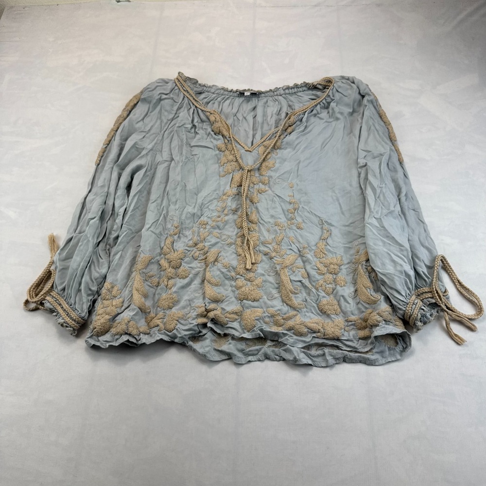 Lucky Brand Peasant Top Womens Medium Blue Embroidered Floral Bohemian Tie Neck